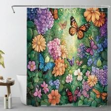 Green Leaf Butterfly Colorful Floral Shower Curtain Bathroom Accessories Set — custom printed polyester bath curtain