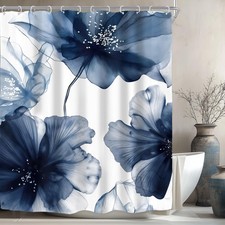 Navy Blue Floral Watercolor Waterproof Fabric Shower Curtain 60x72 Inch Hook — custom printed polyester bath curtain