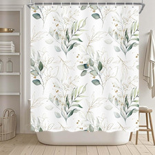 Boho Shower Curtain, Modern Green Plants Shower Curtain Watercolor Plant Floral — custom printed polyester bath curtain