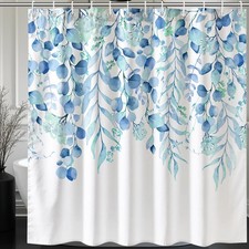 Blue Eucalyptus Watercolor Leaves Fabric Shower Curtain 12 Hooks 72x72 Inch — custom printed polyester bath curtain