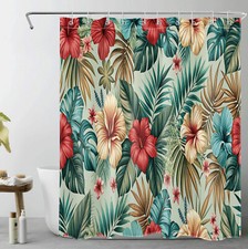 Summer Tropical Green Palm Leaf Red Floral Shower Curtain Set for Bathroom Decor — custom printed polyester bath curtain