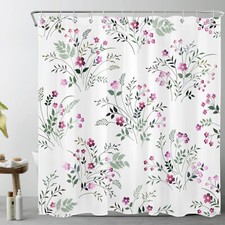 Green Botanical Leaf Pink Wildflower Black Shower Curtain Set for Bathroom Decor — custom printed polyester bath curtain
