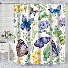Butterfly Shower Curtains for Bathroom, Boho Style Floral Plant Butterfly — custom printed polyester bath curtain