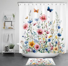 Nature Butterfly Pink and Blue Wildflower Shower Curtain Set for Bathroom Decor — custom printed polyester bath curtain