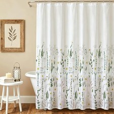 Sage Green Farmhouse Floral Shower Curtain, White Daisy Wildflower Shower — custom printed polyester bath curtain