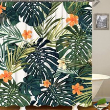 Chic Tropical Flower Leaf Polyester Bath Tub Shower Curtain With Hooks Rings 71" — custom printed polyester bath curtain