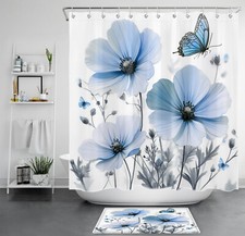 Butterfly Botanical Blue Wildflower Shower Curtain Bathroom Accessories Set — custom printed polyester bath curtain