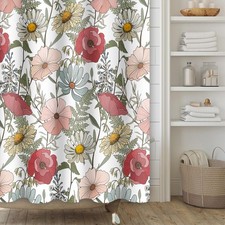Pink Wild Flower Floral Shower Curtain Green Plant Leaves Fabric 72x72 In — custom printed polyester bath curtain