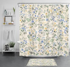 Blue Floral Botanical Yellow Flower Beige Shower Curtain Set for Bathroom Decor — custom printed polyester bath curtain