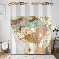 Bathroom Shower Curtain with Snap in Liner, Vintage Floral No Hook Shower Cur... — custom printed polyester bath curtain