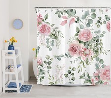 Spring Garden Green Eucalyptus Pink Floral Shower Curtain Set for Bathroom Decor — custom printed polyester bath curtain