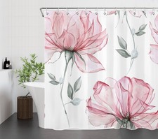 Spring Botanical Grey Leaf Pink Floral Shower Curtain Set for Bathroom Decor — custom printed polyester bath curtain