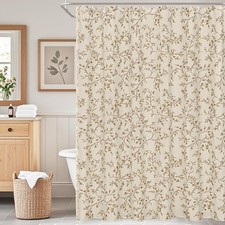 Beige Tan Floral Shower Curtain Linen, Twiggy Leaves Flower Shower Curtain fo... — custom printed polyester bath curtain
