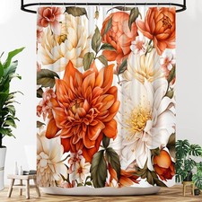 Boho Floral Orange Shower Curtain Aesthetic Flowers, 70" Wx70 H — custom printed polyester bath curtain