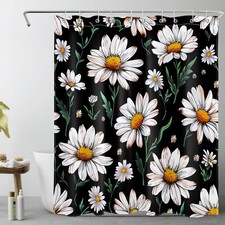 Green Leaf Yellow Floral on Black White Shower Curtain Set for Bathroom Decor — custom printed polyester bath curtain