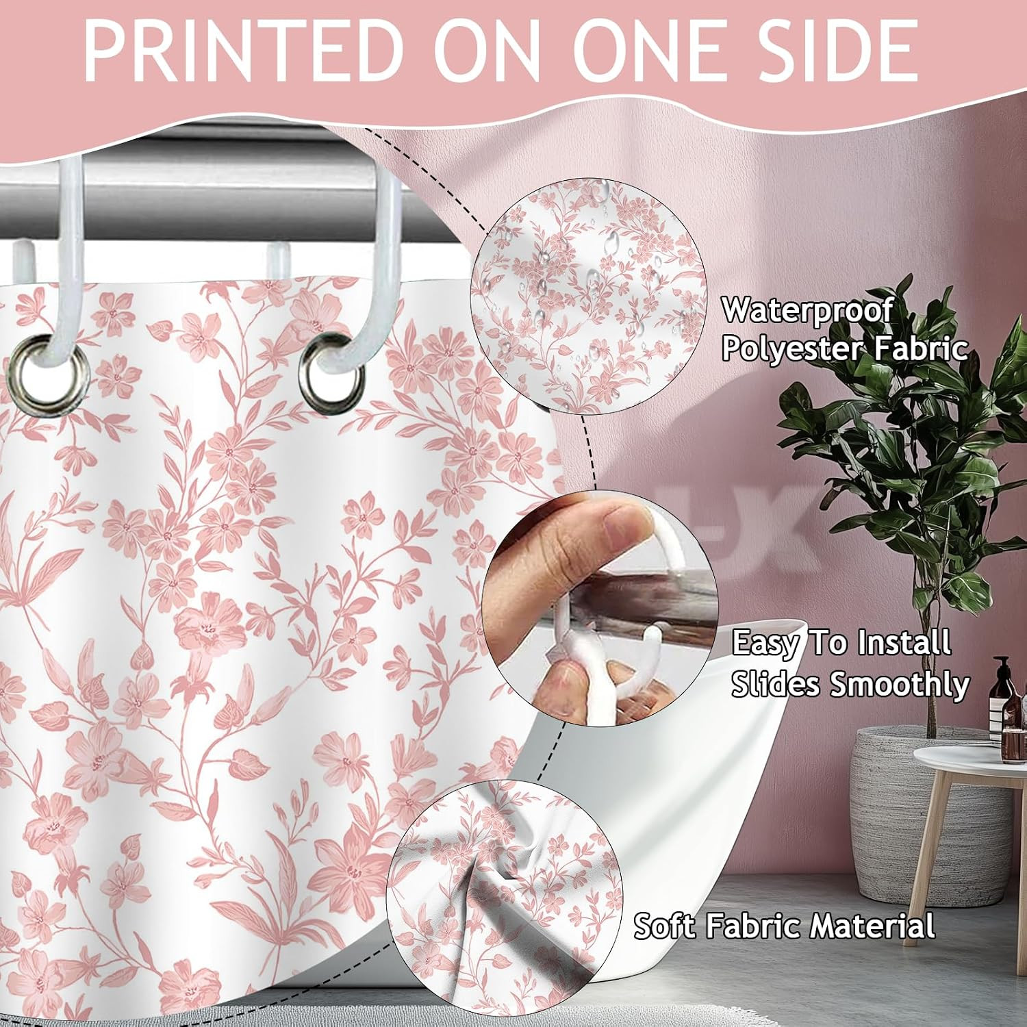 Custom Printed Bath Curtain — custom printed polyester bath curtain detail view