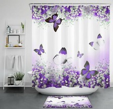 Romantic Purple Butterfly Plant Flower Shower Curtain Bathroom Accessories Set — custom printed polyester bath curtain