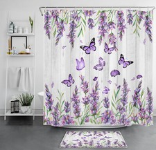 Vintage Plant Butterfly Purple Lavender Shower Curtain Set for Bathroom Decor — custom printed polyester bath curtain