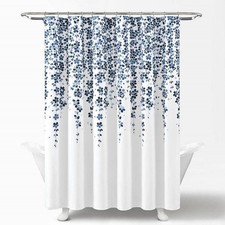 Shower Curtain 72-inch White Navy Light Blue Floral Vines Flowers Cotton — custom printed polyester bath curtain