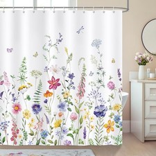 Floral Shower Curtain, Watercolor Wildflower Butterfly Plant Spring Flower — custom printed polyester bath curtain