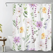 Botanical Green Leaf Purple Wildflower Shower Curtain Set for Bathroom Decor — custom printed polyester bath curtain