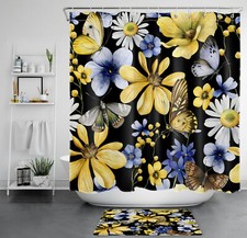 Retro Yellow Butterfly Daisy Floral Black Shower Curtain Set for Bathroom Decor — custom printed polyester bath curtain