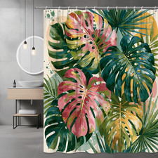 Tropical Monstera Leaf Shower Curtain Pink Green Botanical Print — custom printed polyester bath curtain