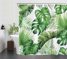 Tropical Botanical Sage Green Palm Leaf Shower Curtain Set for Bathroom Decor — custom printed polyester bath curtain