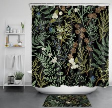 Country Sage Green Leaf Botanical Black Shower Curtain Set for Bathroom Decor — custom printed polyester bath curtain