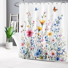 Garden Blue Butterfly Yellow Wildflower Shower Curtain Set for Bathroom Decor — custom printed polyester bath curtain