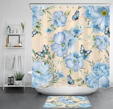 Watercolor Green Leaf Blue Flroal Beige Shower Curtain Bathroom Accessories Set — custom printed polyester bath curtain