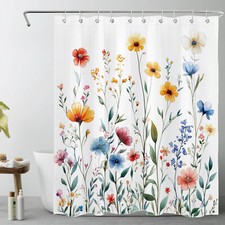 Watercolor Yellow Wildflower Green Plant Shower Curtain Set for Bathroom Decor — custom printed polyester bath curtain