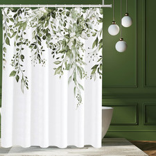 Tititex Olive Green Eucalyptus Shower Curtain Sets, Watercolor Leaves on the Top — custom printed polyester bath curtain