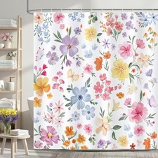 Colorful Floral Shower Curtain, Cute Watercolor Flower Spring Wildflower — custom printed polyester bath curtain