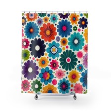 Retro Colorful Floral Shower Curtain | 60x72 Bathroom Decor — custom printed polyester bath curtain