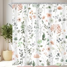 Extra Long Green Pink Floral Cute Wildflower Bathroom Shower Curtain — custom printed polyester bath curtain
