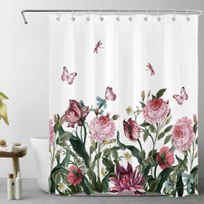 Nature Dragonfly Green Leaf Pink Floral Shower Curtain Bathroom Accessories Set — custom printed polyester bath curtain