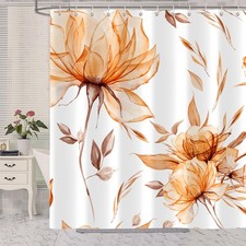 Orange Grey Watercolor Floral Aesthetic Waterproof Shower Curtain 72x72 Inch — custom printed polyester bath curtain
