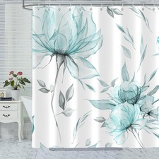 72x72 Inch Teal Grey Watercolor Floral Shower Curtain Minimalist Aesthetic — custom printed polyester bath curtain