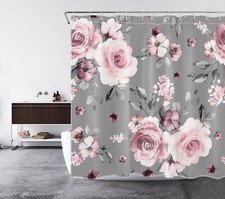 Spring Retro Watercolor Pink Floral Shower Curtain Bathroom Accessories Set — custom printed polyester bath curtain