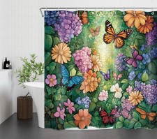 Green Leaf Butterfly Colorful Floral Shower Curtain Bathroom Accessories Set — custom printed polyester bath curtain