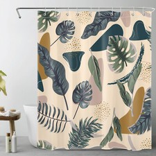 Mid Century Tropical Green Leaf Beige Shower Curtain Bathroom Accessories Set — custom printed polyester bath curtain