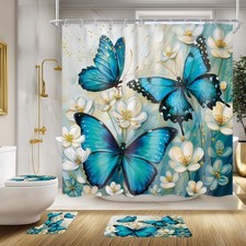 Teal Green Butterfly Bathroom Set with Shower Curtain and Rugs — custom printed polyester bath curtain