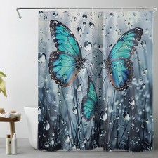 Dreamy Fantasy Teal Blue Butterfly Shower Curtain Bathroom Accessories Set — custom printed polyester bath curtain
