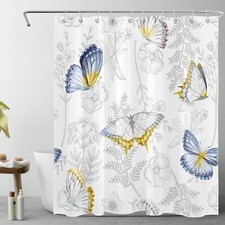 Blue Butterfly Green Leaf Abstract Floral Shower Curtain Set for Bathroom Decor — custom printed polyester bath curtain