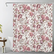 Farmhouse Plant Green Leaf Pink Floral Shower Curtain Set for Bathroom Decor — custom printed polyester bath curtain