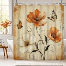 Fabric Shower Curtain with Hooks, YLX01786 Vintage Wood Floral Art — custom printed polyester bath curtain