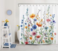 Watercolor Green Leaf Colorful Floral Shower Curtain Set for Bathroom Decor — custom printed polyester bath curtain