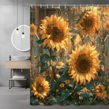 Sunflower Butterfly Shower Curtain Garden Floral Print — custom printed polyester bath curtain