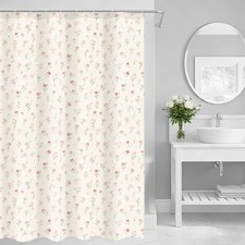 Floral Shower Curtain Linen Farmhouse Cottagecore Spring Shower Pink Flower — custom printed polyester bath curtain